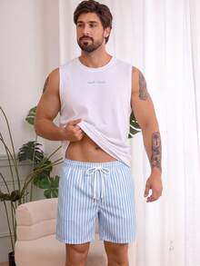 男士夏季圓領休閒背心與休閒短褲居家服套裝 - 白色 - 查看 2