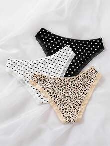 Mystèrelle 3pcs Women's Lace Trim Comfortable Ribbed Fabric Sweet Print Daily Versatile Triangle Panties - Multicolor - View 5