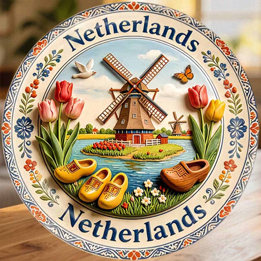 Netherlands Delft Blue Windmill Tulips And Wooden Shoes In A Porcelain Wreath Magnet Where The Low Country Paints Its Soul In Blue Keepsake For All Metal Surfaces Throughout The Home - A - View 1