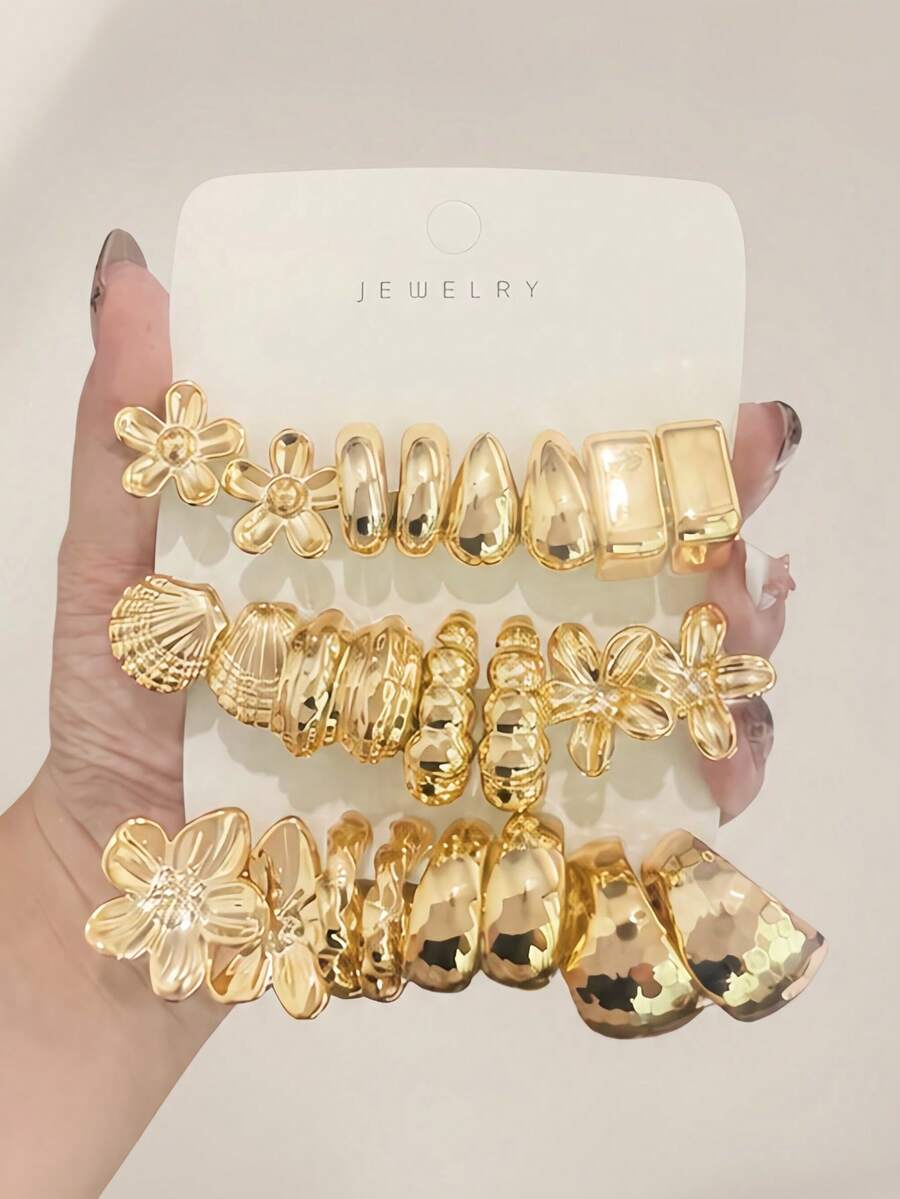 Set Anting-Anting Plumeria Bentuk Tetesan Air Motif Bunga dan Cangkang 24/8pcs Warna Emas Metalik, Perhiasan Telinga Ringan CCB untuk Wanita - Yellow Gold - View 1