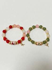 2pcs/Set Bohemian Style Hummingbird & Cardinal Bracelet Set, Floral Bird Beaded Jewelry With Gift Box, Women's Birthday Gift, Daily Wear - Green + Pink - View 7