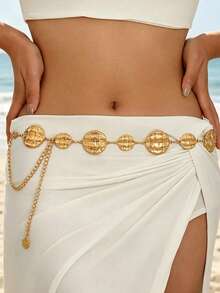 1pc Bohemian Style Gold Circle Geometric Asymmetrical Texture Chain Waist Chain, Punk Personalized Versatile Women's Fashion Body Chain, Suitable For Daily, Banquet, Party, Gathering, Holiday Gift - Gold - View 2