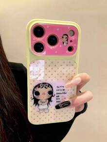 1pc White Large Grid Cartoon Glasses Girl Print Transparent Phone Case, Polka Dot & Small Wing Decoration, Glossy Soft TPU Full Coverage Shockproof Protective Shell, Minimalist Y2K Sweet Style, Compatible With IPhone 18 11, 12, 13, 14, 15, 16, 17, 17 Pro, 17 Pro Max - Yellow - View 4