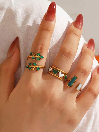 3pcs/Set Stainless Steel 18K Gold Plated Minimalist Green Oil-Drip Leaf & Heart Ring Set, Suitable For Women's Daily And Holiday Wear