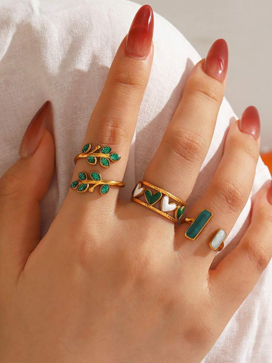 3pcs/Set Stainless Steel 18K Gold Plated Minimalist Green Oil-Drip Leaf & Heart Ring Set, Suitable For Women's Daily And Holiday Wear - Multicolor - View 1