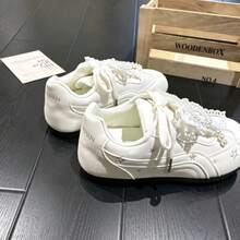 Women's Double Lace-Up Low-Top Casual Lace-Trimmed Cute Student Style Lightweight Comfortable Versatile Commuter Sneakers - Beige - View 5