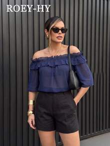 1pc Women's New Solid Color Chiffon Puff Sleeve Off-Shoulder Blouse With Ruffle Trim, Suitable For Vacation, Beach, Evening Date, Daily Wear, Spring/Summer - Blue - View 2