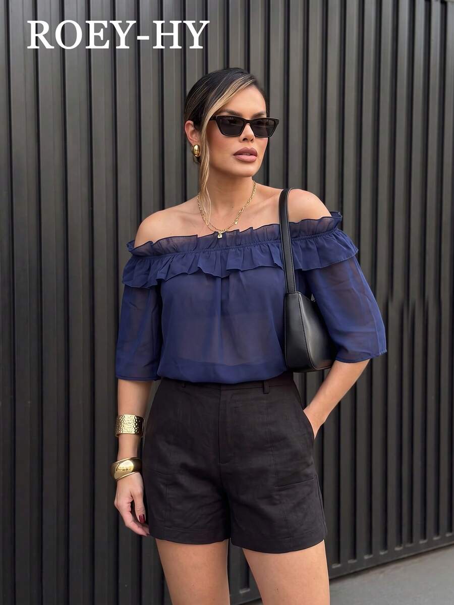 1pc Women's New Solid Color Chiffon Puff Sleeve Off-Shoulder Blouse With Ruffle Trim, Suitable For Vacation, Beach, Evening Date, Daily Wear, Spring/Summer