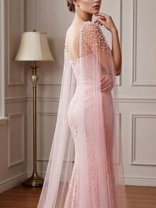 1 Pair Pink Soft Tulle Long Train Shoulder Shawl With Pin, Arm And Shoulder Coverage, Pearl Beaded Wedding Accessory Floating Veil - Multicolor - View 2