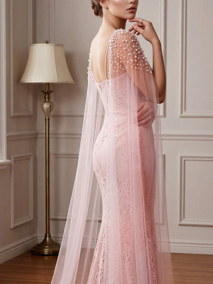 1 Pair Pink Soft Tulle Long Train Shoulder Shawl With Pin, Arm And Shoulder Coverage, Pearl Beaded Wedding Accessory Floating Veil