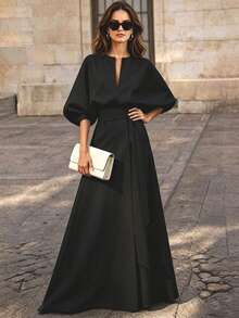 Solid Color Printed Belt Decor V-Neck Puff Sleeve A-Line Long Dress Black Elegant Summer - Black - View 9