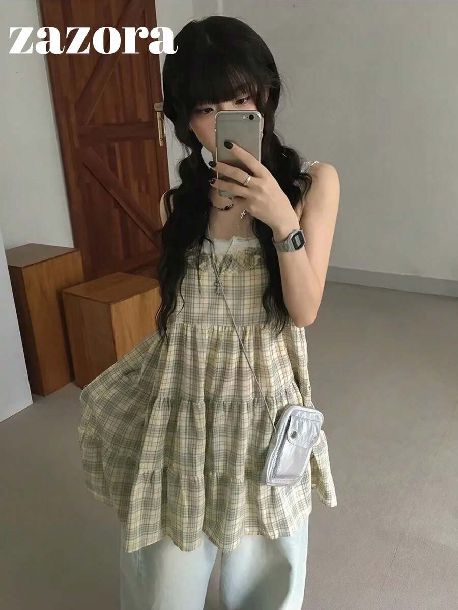 Cute Puff Plaid Cake Frill Dress, Retro Loose Strap Dress Skirt, Japanese Style Summer - Green Plaid - View 1