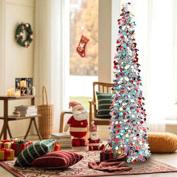 Christmas 59 Inch Foldable Pop Up Tinsel Christmas Tree, Multicolor Reflective Sequin Slim Artificial Xmas Tree With Metal Pole Tripod Stand, Easy Assemble Space Saving, Indoor Corner Staircase Home Shop Window Christmas Holiday Party Decorations