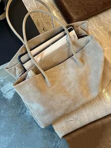 Autumn/Winter New Niche Design Faux Suede Multi-Compartment Shoulder Tote Bag, Minimalist High-Quality Large Capacity Commuter Handbag For Women - Khaki - View 5