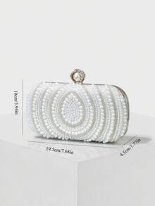 Women's Elegant/Pearl Pattern Design Box Clutch Evening Bag, Romantic Wedding Handbag, Charming/Exquisite Evening Dress Bag, Shiny Apricot Box Clutch Handbag With Chain, Perfect Choice As Holiday Gift. Comes With Metal Chain. - White - View 4