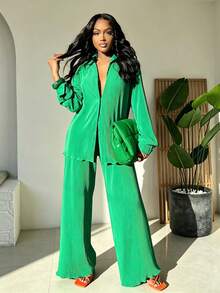 2pcs/Set Women's Fashionable Pleated Shirt With Comfortable Wide Leg Pants Outfit Casual Spring Elegant - Green - View 4
