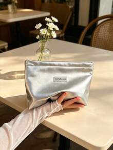 1 Pc Silver Solid Makeup Bag, Minimalist Shiny Fabric Rectangular Zipper Pouch, Portable Cosmetic Storage Bag For Travel Daily Use All Season,Wigs,Makeup Bags - Multicolor - View 9
