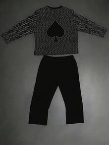 Plus Size Men's 2 Pieces Set, Men's Wide Leg Pants, Long Sleeve Graphic T-Shirt, Streetwear "Text Spade Heart Contrast Print" Pattern Outfit - Polyester Fabric, Drawstring, Pockets, Suitable For Plus Size Body - Black - View 3