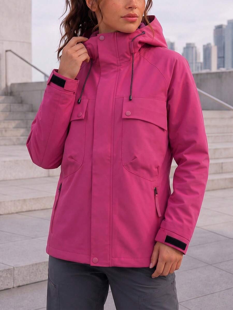 Women Multi Pocket Hooded Jacket Adjustable Cuffs Zip Front Outdoor Utility Coat For Hiking Travel Daily Wear. - Hot Pink - View 1