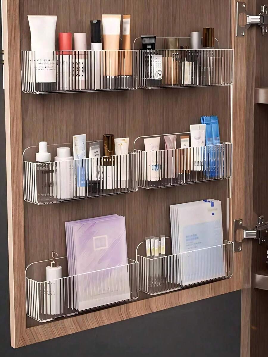 1/3pcs Wall-Mounted Cosmetic Storage Box, Plastic Cosmetic Storage Box, Suitable For Lipstick, Brushes, Nail Polish, Skincare Products - Mirror Cabinet Door Hidden Storage Box, Bathroom Vanity Storage - Transparent - View 1