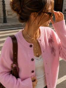 Pink Cardigan For Women, Soft Knitted Sweater Button Up Long Sleeve Casual Fall Winter Top With Floral Detail - Light Pink - View 5