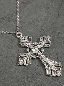 Kalung Salib Besar Bergaya Gotik Vintage dengan Hiasan Mawar dan Berlian Imitasi, Kalung Salib Perak Ukir Keren Versi Korea yang Dipersonalisasi, Kalung Rantai Sweater untuk Wanita - Perak - View 4