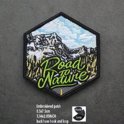 Outdoor Camping Hexagonal Embroidered Hook And Loop Patch, Natural Landscape Embroidered Fabric Patch