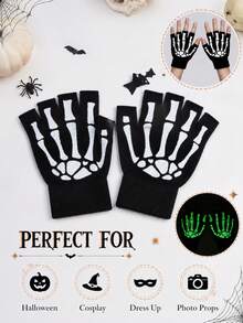 1 Pair Halloween Glow-In-The-Dark Skeleton Fingerless Knit Gloves, Ghost Hand Cosplay Party Costume Accessory - A - View 7
