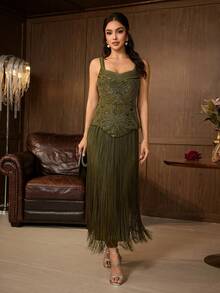 Elegant Women's Sleeveless Square Neck Beaded Tassel Long Formal Gown, Suitable For Evening Parties And Balls - Olive Green - View 5