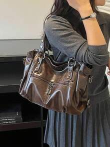 Minimalist Soft Leather Large Capacity Tote Bag With Loose Body And Ample Storage Space, Easily Organizes Books, Tablets, Umbrellas, Cosmetics, Supports Hand-Carry, Shoulder, Crossbody Multiple Carrying Ways, Suitable For Classes, Daily Commute, Short Trips - Coffee - View 5