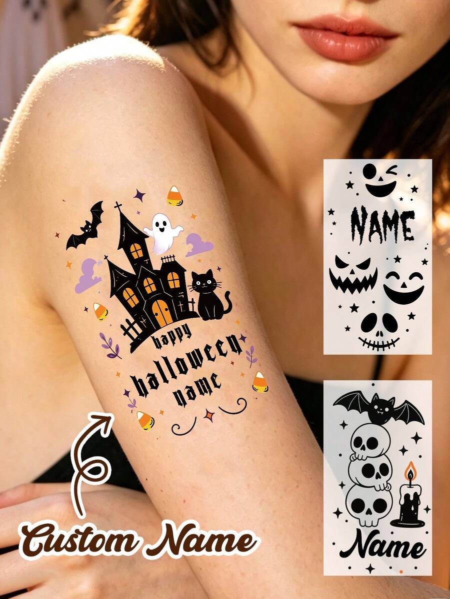 4-40PCS Custom Halloween Temporary Tattoo, Personalized Name Fake Tattoo Sticker, Spooky Ghost Bat Haunted House Style, Customized Body Tattoo For Halloween Party, Customizable Costume Accessory, Halloween Favor, Unique Holiday Gift, Halloween Gifts - Black and White - View 1
