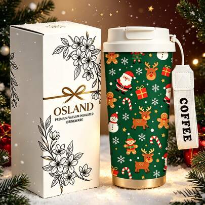 1/5 st 18 oz kaffetermos i rostfritt stål med julmotiv av jultomte, pepparkaksgubbe och ren, resemugg med nyckelband och presentask, vakuumisolerad kopp för bil, hem och högtider, festlig säsongspresent till vänner och kollegor
