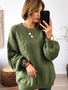 European And American Style Elegant Casual College Women's Plus Size Solid Color Knit Sweater With Geometric Pattern, Autumn/Winter Pullover Fall - Green - View 4