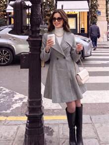 Women's Elegant Double-Breasted Long Sleeve Solid Color Woolen Coat With Large Lapel - Grey - View 2