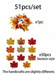51pcs/Set Halloween/Autumn Maple Leaf Candle Ring Decoration. Artificial Maple Leaf Set, Candle Wreath, Autumn Tabletop Decor, Halloween And Thanksgiving Centerpiece, Harvest Festival Party Styling, DIY Autumn Wedding Tabletop Decoration. - A - View 10