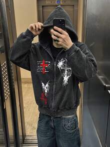 Men's Standard Size Long Sleeve Casual Washed Hooded Sweatshirt With Cross, Spider Web And English Letter Print, Street Style Casual Sports Weekend Autumn Winter Washed Long Sleeve Hooded Sweatshirt - Black - View 1