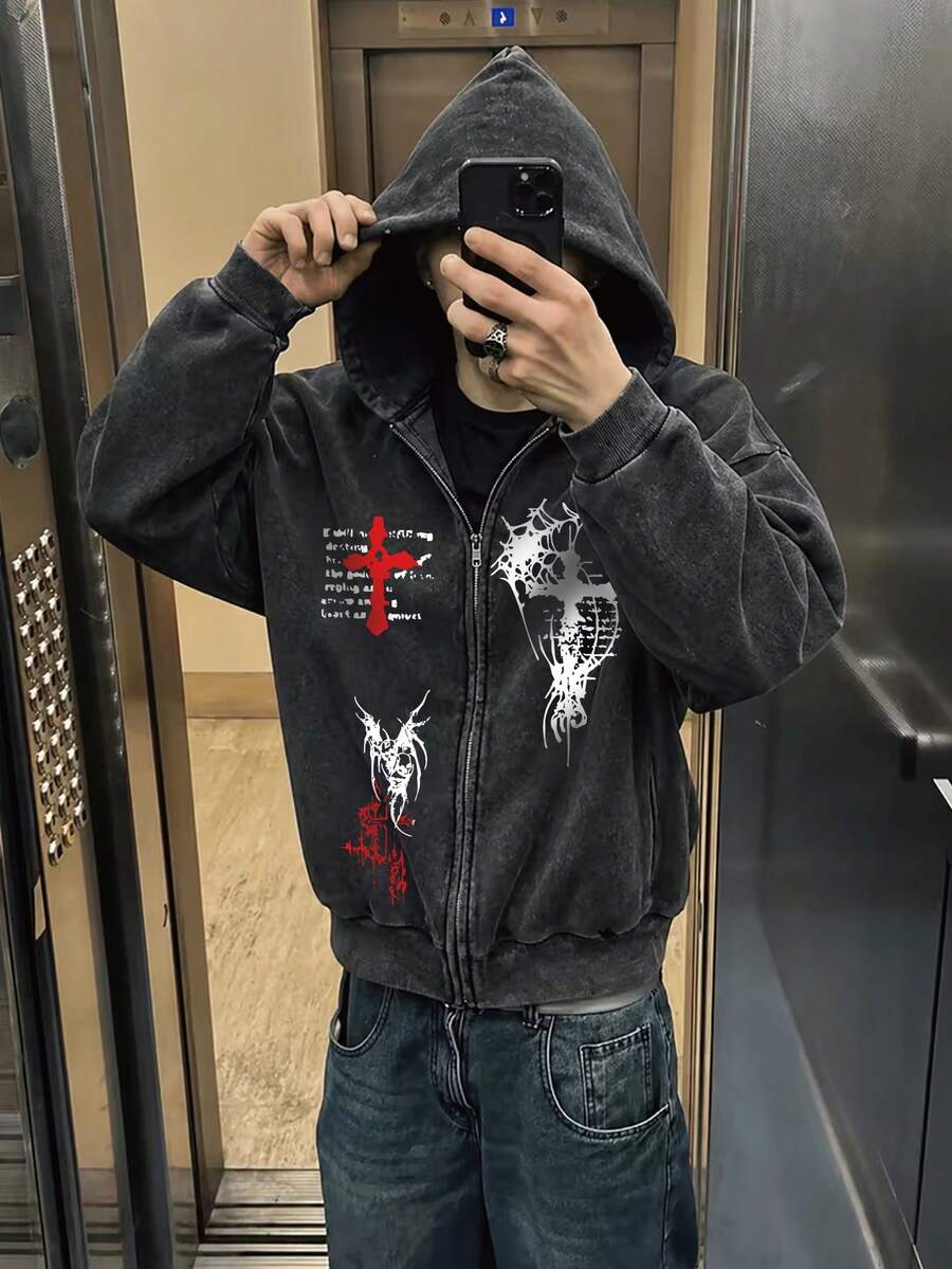 Men's Standard Size Long Sleeve Casual Washed Hooded Sweatshirt With Cross, Spider Web And English Letter Print, Street Style Casual Sports Weekend Autumn Winter Washed Long Sleeve Hooded Sweatshirt - Black - View 1
