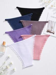 6pcs Lace Trim Ribbed Knit Triangle Panties Solid Color Women's Underwear - Multicolor - View 4