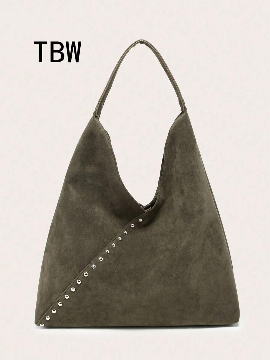 Women's Shoulder Bag/Handbag, Brown Suede, Large Capacity, Decorated With Rivets, Vintage Versatile Commuter Style, Suitable For Autumn/Winter Outings. - Army Green - View 1
