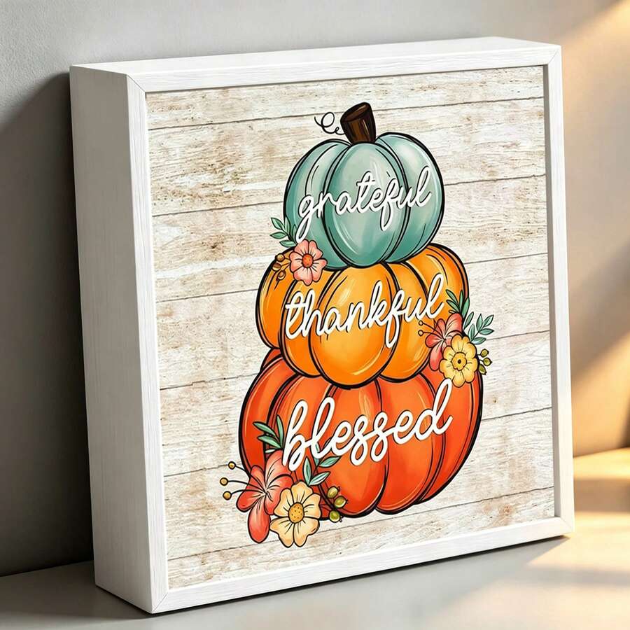 Thanksgiving Blessing Pumpkin Stack Sign - Modern Style Wooden Box Sign, Creative Tabletop Decor Plaque, Multi-Purpose Desktop Display Sculpture, Suitable For Home, Office, Kitchen, Thanksgiving And Halloween Decoration Accessories - White Pumpkin Standee - View 1