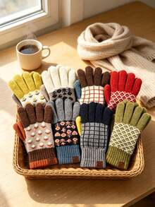 1pc Retro Color-Blocked Floral Pattern Knitted Gloves, Retro Mori Girl Style, Five-Finger Split Fit, Touchscreen Exposed Fingertips, Ribbed Cuffs, Suitable For Commuting, Outdoor Activities, And Everyday Life In Autumn And Winter. - Multicolor - View 7