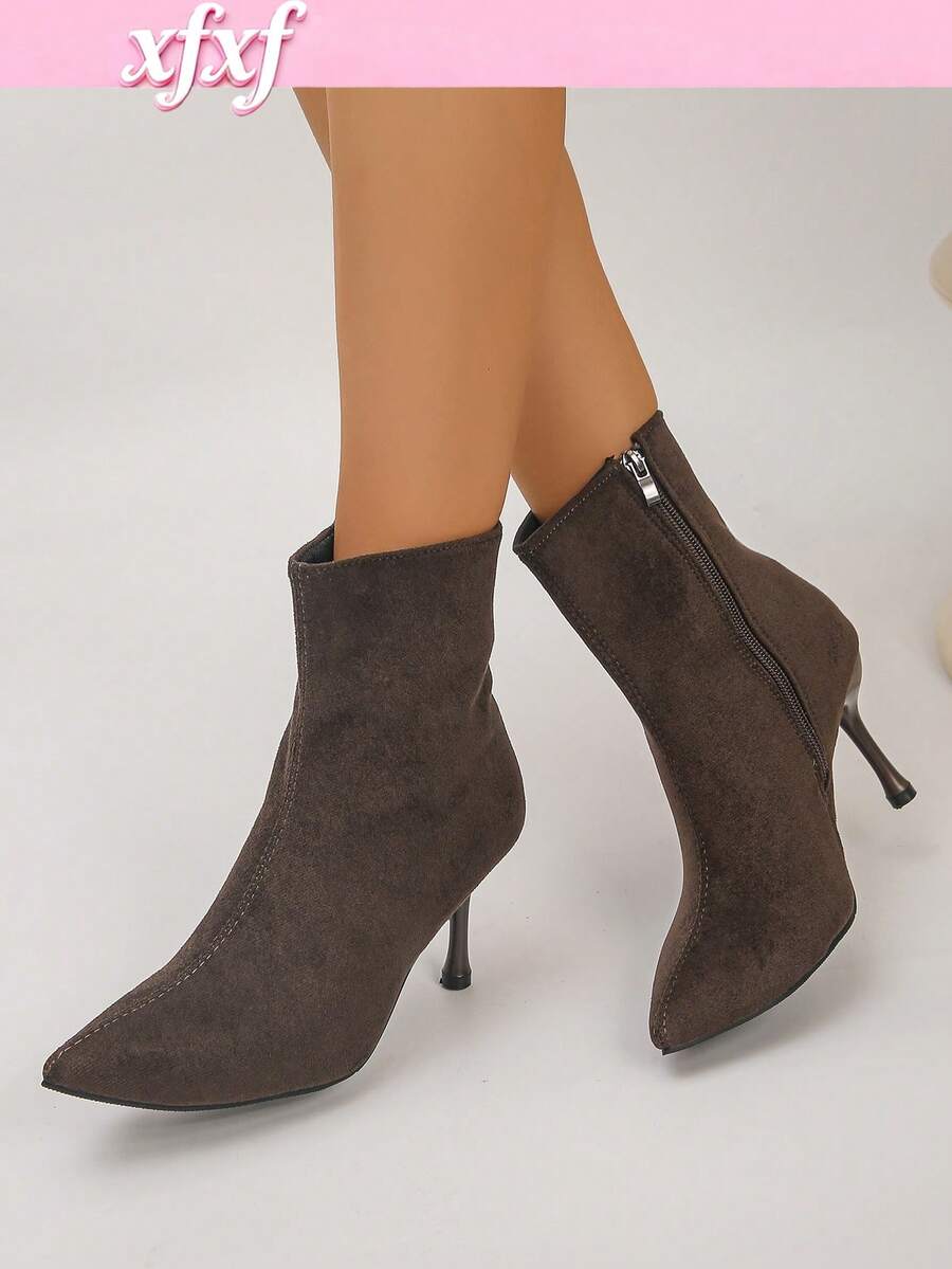 XfxfA Un par de botas de mujer con punta, cremallera lateral y tacón delgado, adecuadas para ir al trabajo/citas/uso diario en la calle en el lugar de trabajo. - Café integral - Ver 1