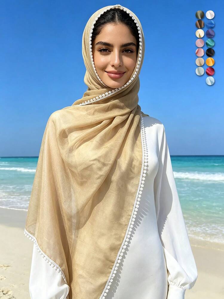1pc Women Balinese Voile Solid Color Floral Trim Long Scarf, Versatile Breathable Soft Wrap Scarf For Daily Wear For Dress - Multicolor - View 11