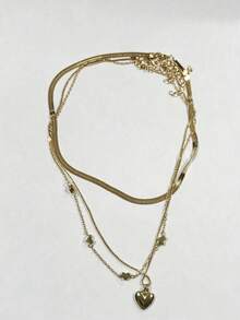 3pcs/Set Women's Heart Shaped Pendant Necklace, Unique Design, Multi-Layer, Collarbone Chain, Luxurious Snake Bone Chain Valentines - Yellow Gold - View 6