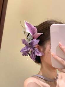 1pc Purple Calla Lily Artificial Flower Hair Clip, Fabric Bouquet Hair Accessory For Banquet, Outing, Spring/Summer - Lilac Purple - View 6