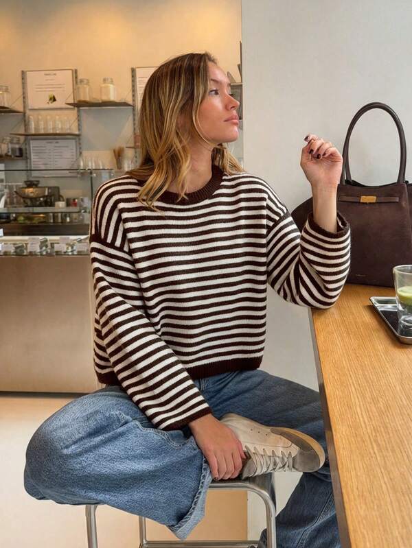 Women's New Contrast Color Striped Crew Neck Long Sleeve Knit Top, Casual Daily Commute Versatile Fall