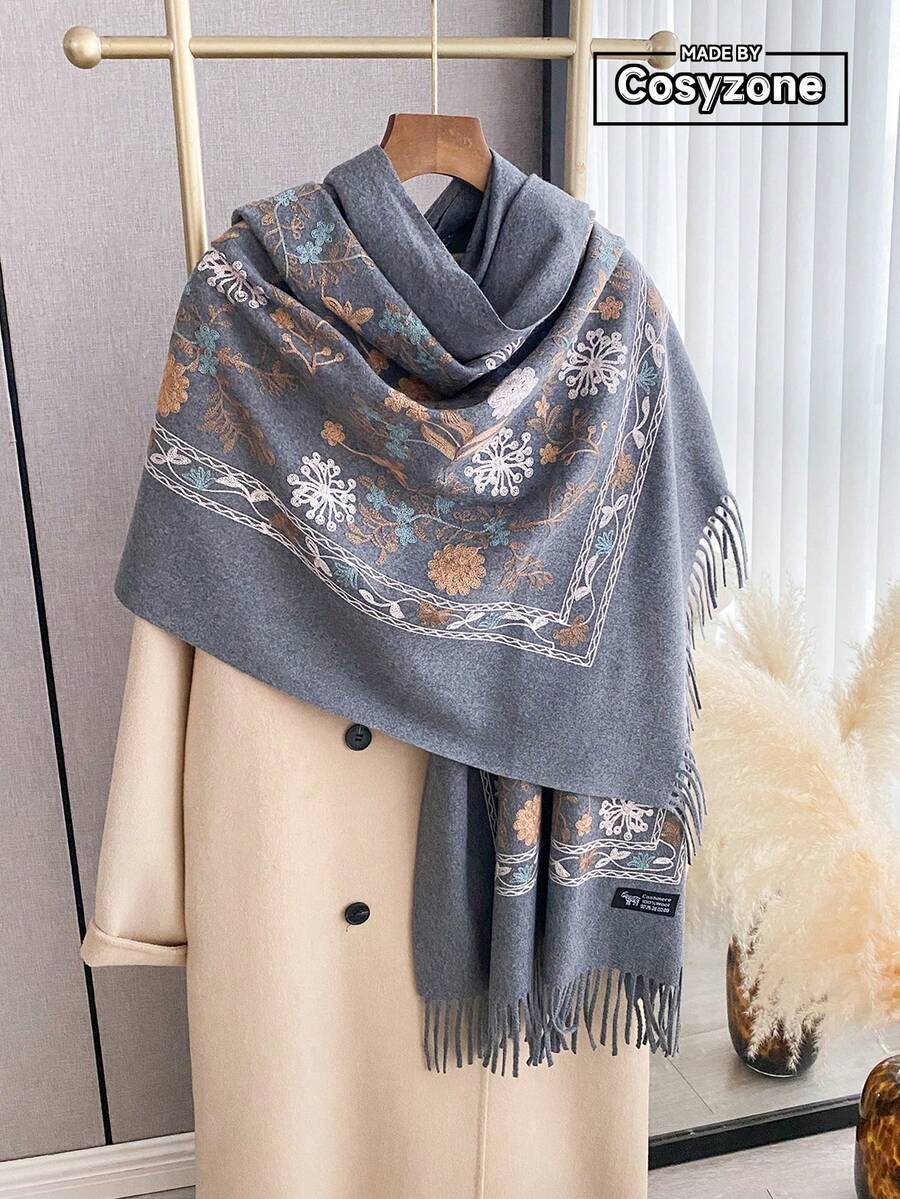 1件女款秋冬仿羊絨刺繡圍巾,加厚保暖流蘇披肩斗篷,波希米亞風旅行披肩 - 灰色 - 查看 1