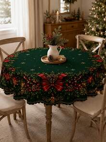 1pc Dark Green Christmas Wreath Tablecloth, Elegant Polyester Rectangular Tablecloth, Printed With Pine Branches, Red Bows, Berries And Decorative Balls Pattern, Suitable For Kitchen Decor, Home Decor, Room Decor, Christmas Home Decor And Classroom Decor - Multicolor - View 17