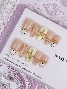 10pcs Handmade Medium Almond Shaped Classic French Press-On Nails, Y2K Style, Nude Color, Polka Dot French, Pearl Metallic Decor, Vintage Elegant Manicure, Suitable For Party, Daily Wear, Comes With Full Set Of Nail Tools, Perfect Gift For Women - Multicolor - View 2