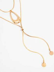 1 Set 2pcs Fashion Minimalist White Geometric Hollow Water Drop Pendant Pull-Chain Snake Bone Chain Round Metal Sequin Pendant Y-Shaped Long Necklace Set Suitable For Women Daily, Vacation, Party Wear - Gold - View 3